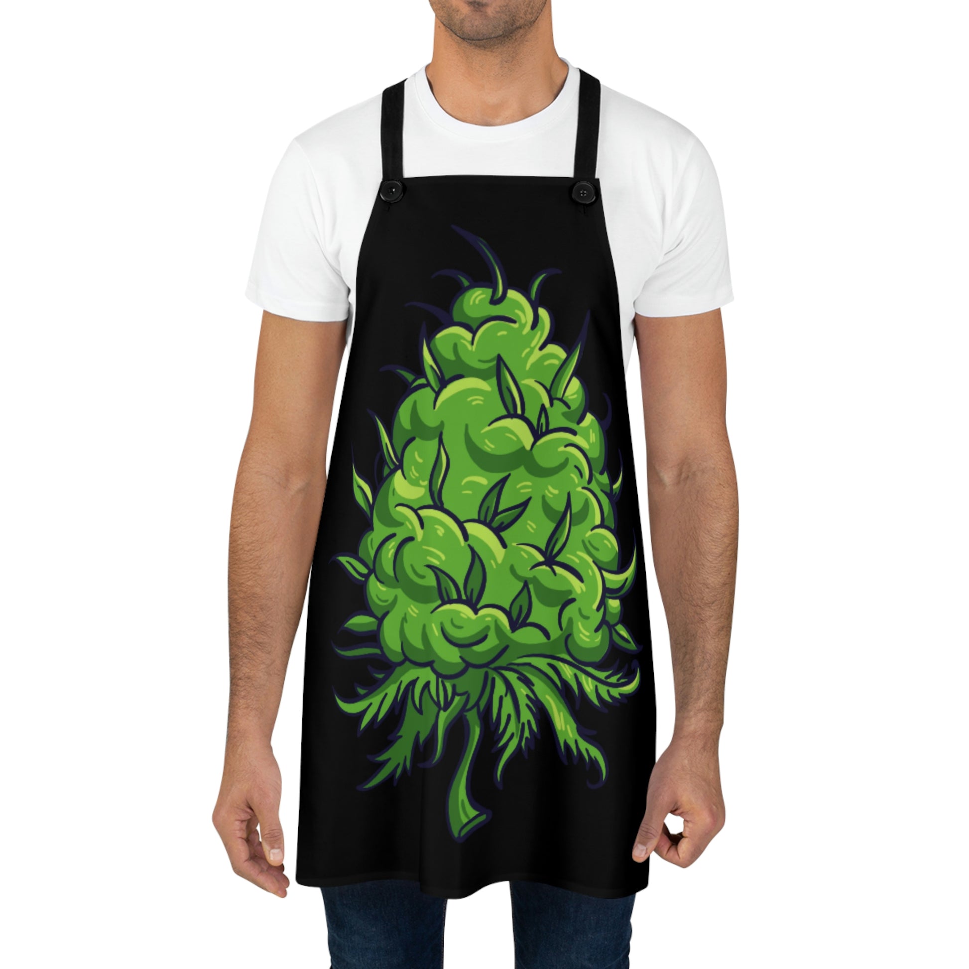 A man stands while he is wearing the Big Marijuana Bud Chef's Apron