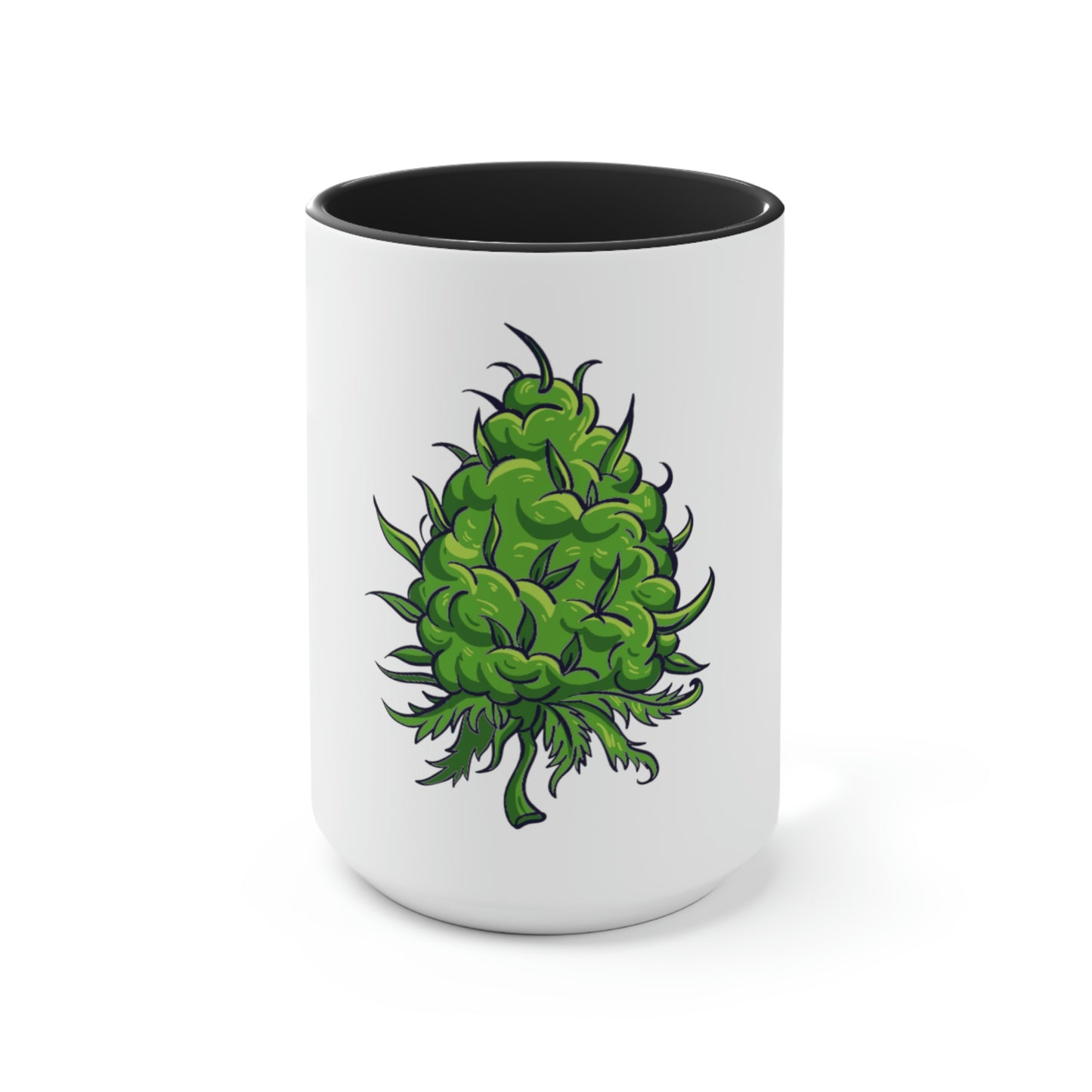 a white Big Cannabis Nug Coffee Mug with a green marijuana leaf on it.