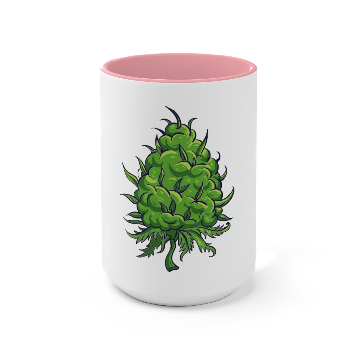 a white and pink Big Cannabis Nug Coffee Mug with a green marijuana plant on it.