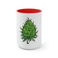 a white and red Big Cannabis Nug Coffee Mug with a green marijuana leaf on it.