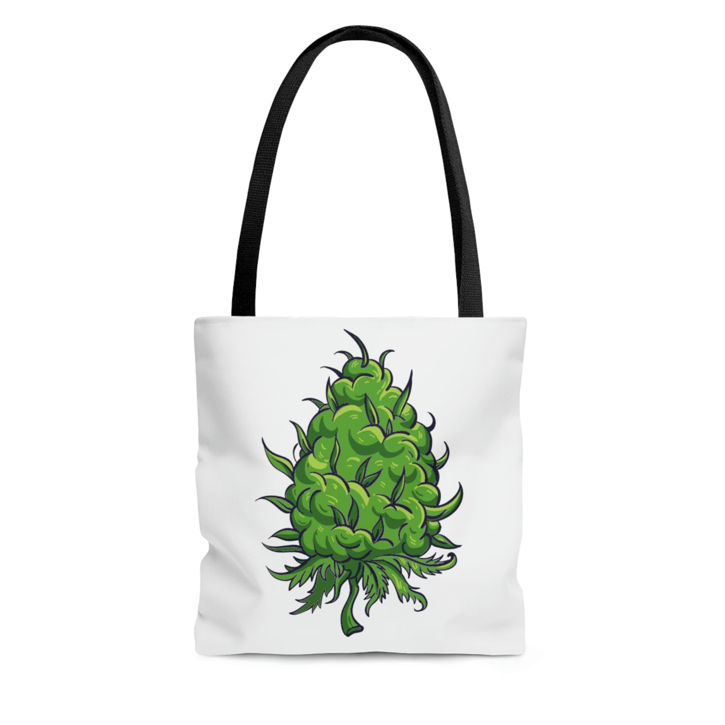 All white Big Green Cannabis Nug Tote Bag with black handle