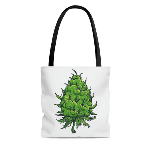 All white Big Green Cannabis Nug Tote Bag with black handle
