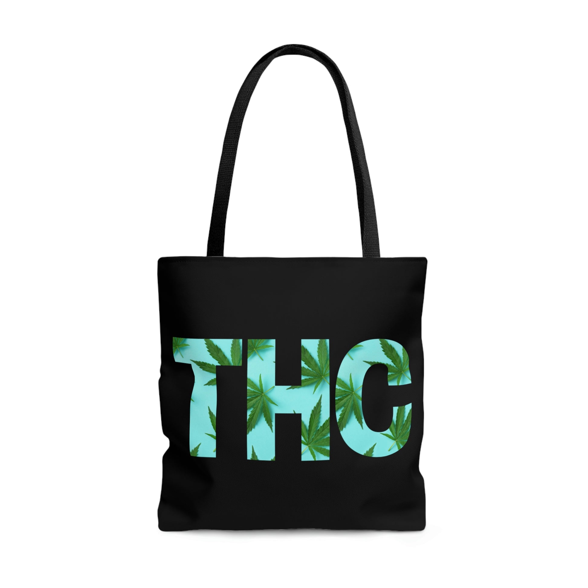 THC Black Weed-Themed Tote Bag has huge THC graphic design on front with cannabis leaves infused inside the lettering.