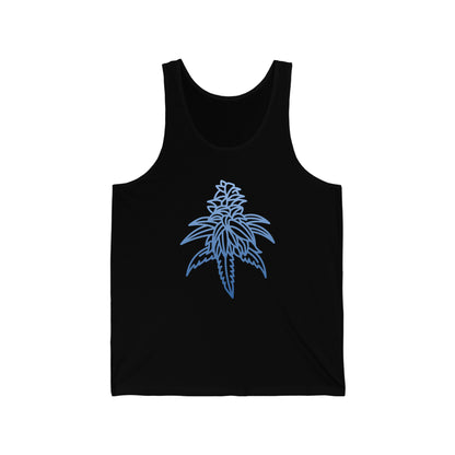 a Black Dream Cannabis Jersey Tank with a Blue Dream Cannabis leaf on it.