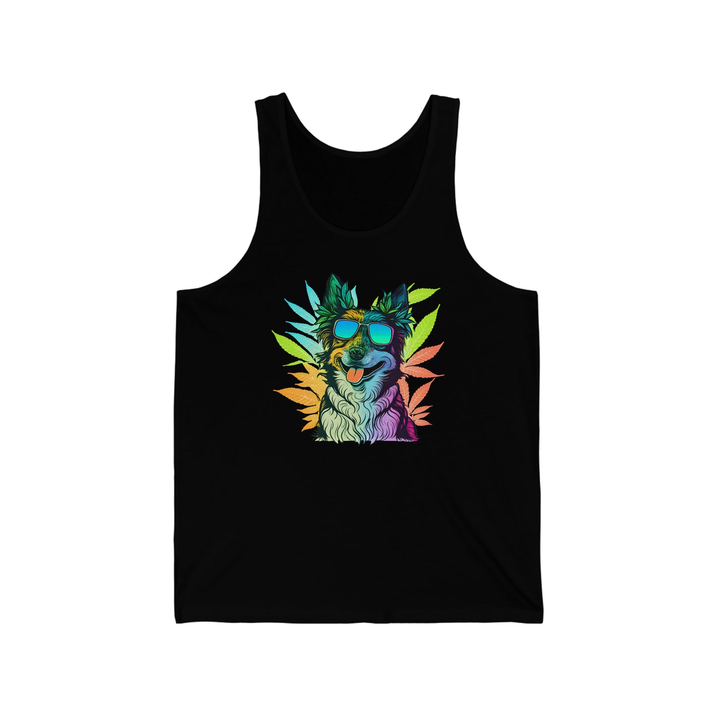 A Black cannabis jersey tank top with a border collie wearing shades and surrounded by weed leaves