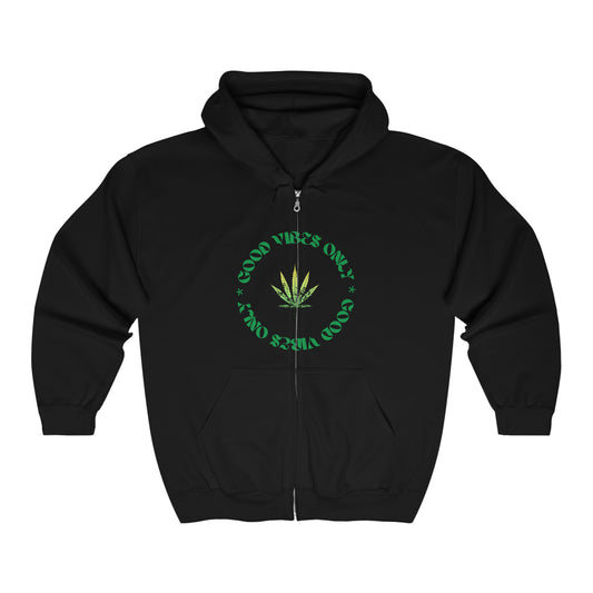 A Good Vibes Only Full Zip Pot Hoodie with a marijuana leaf on it.