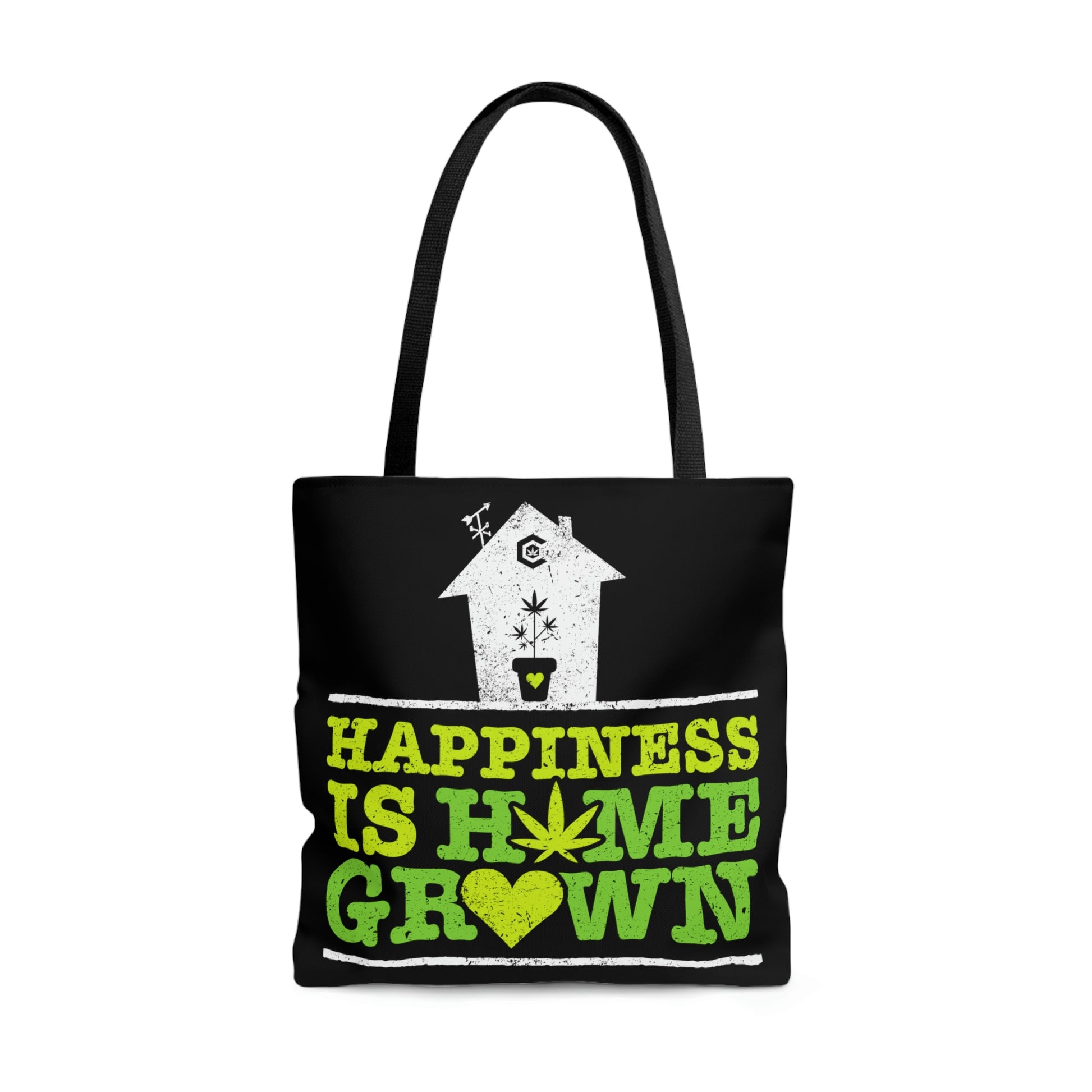 Terrific graphics engulf the Happiness Is Homegrown Black Marijuana Tote Bag