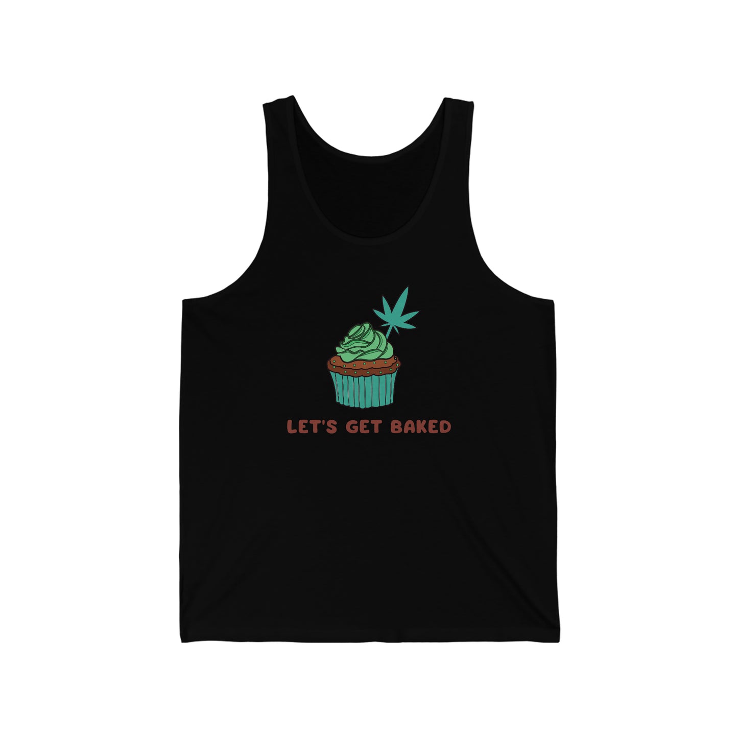 a black Let's Get Baked Cannabis Jersey Tank Top that says let's get weeded.