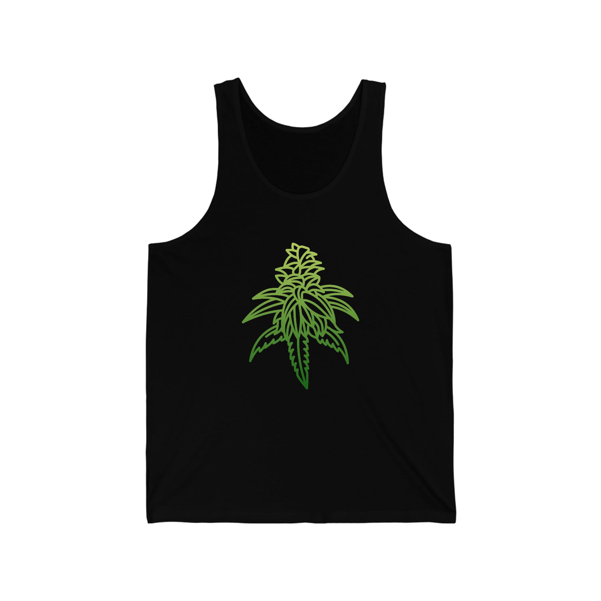 a black Sour Diesel Cannabis Jersey Tank with a green marijuana leaf on it.