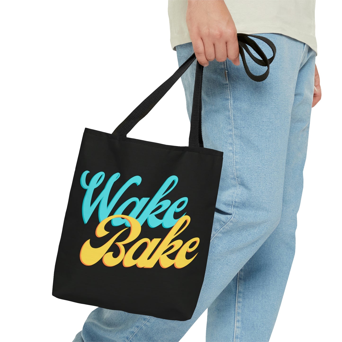 A man is in motion with the cool new Wake and bake Black Beach Cannabis Tote Bag
