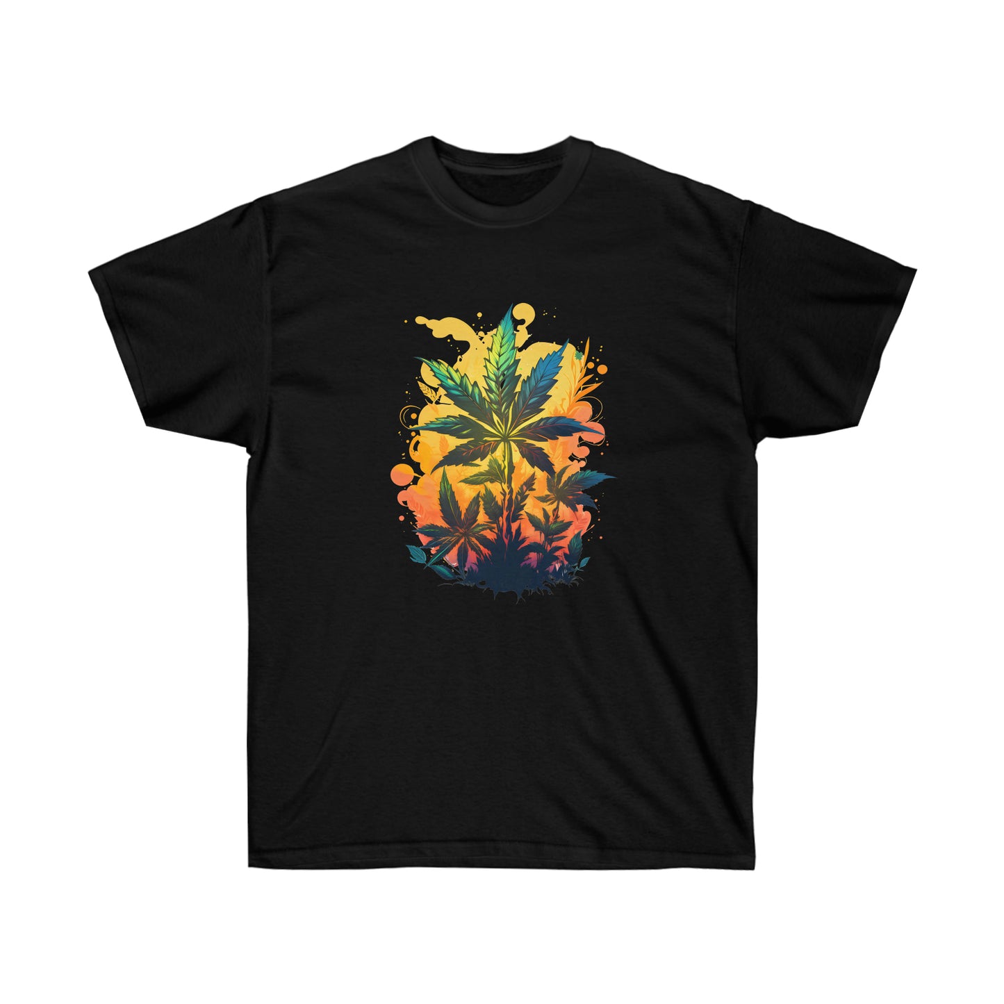 A black, warm paradise cannabis t-shirt