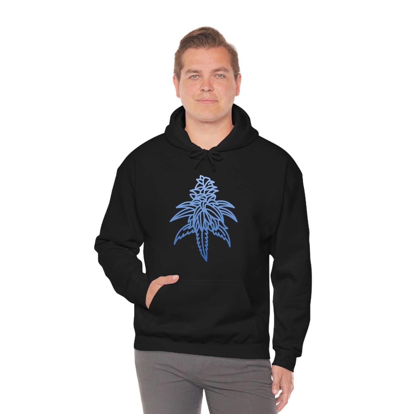 A man wearing a Blue Dream Cannabis Hoodie with blue leaves on it.
