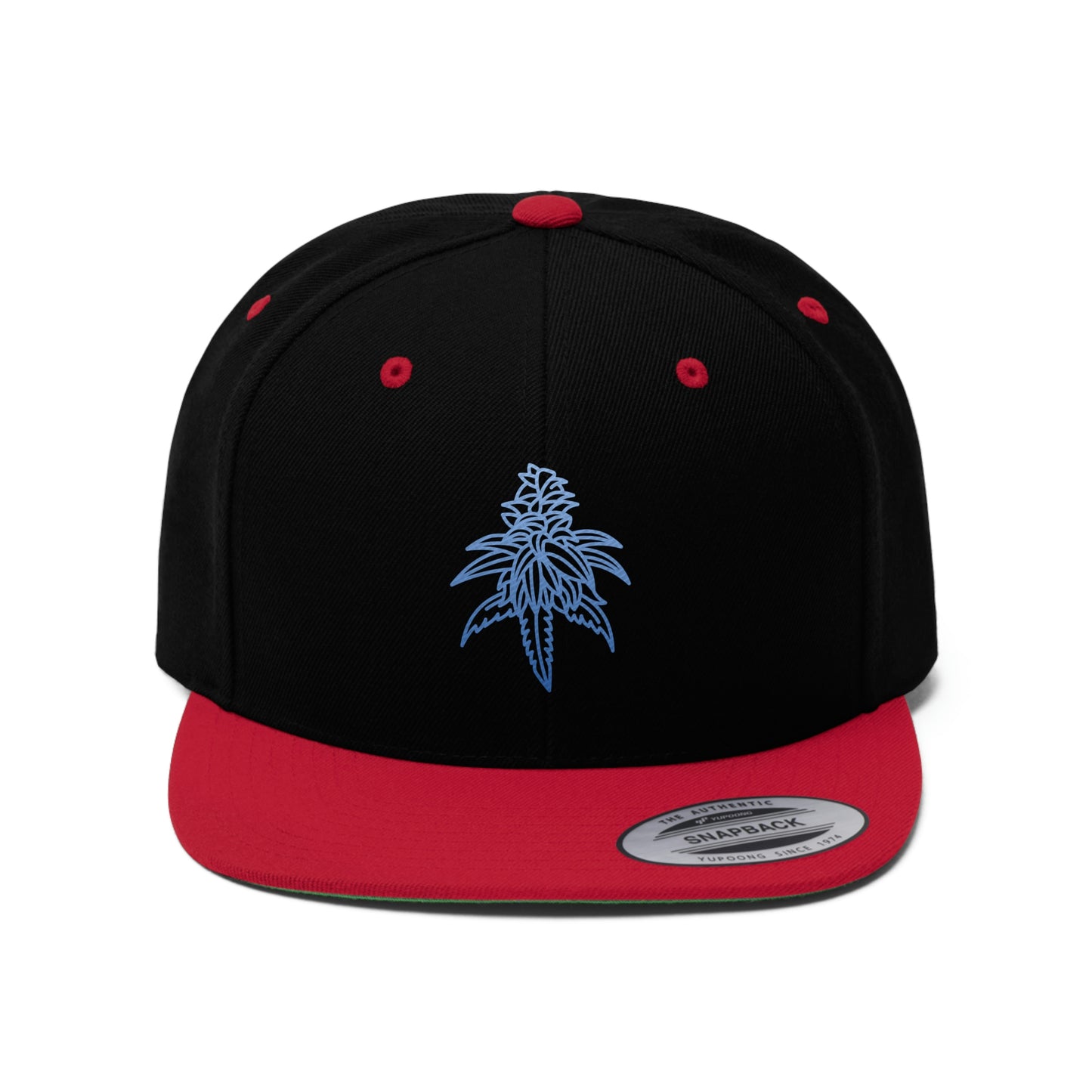 Blue Dream Snapback Hat in the red and black color scheme with the picture of blue dream on the front center in blue