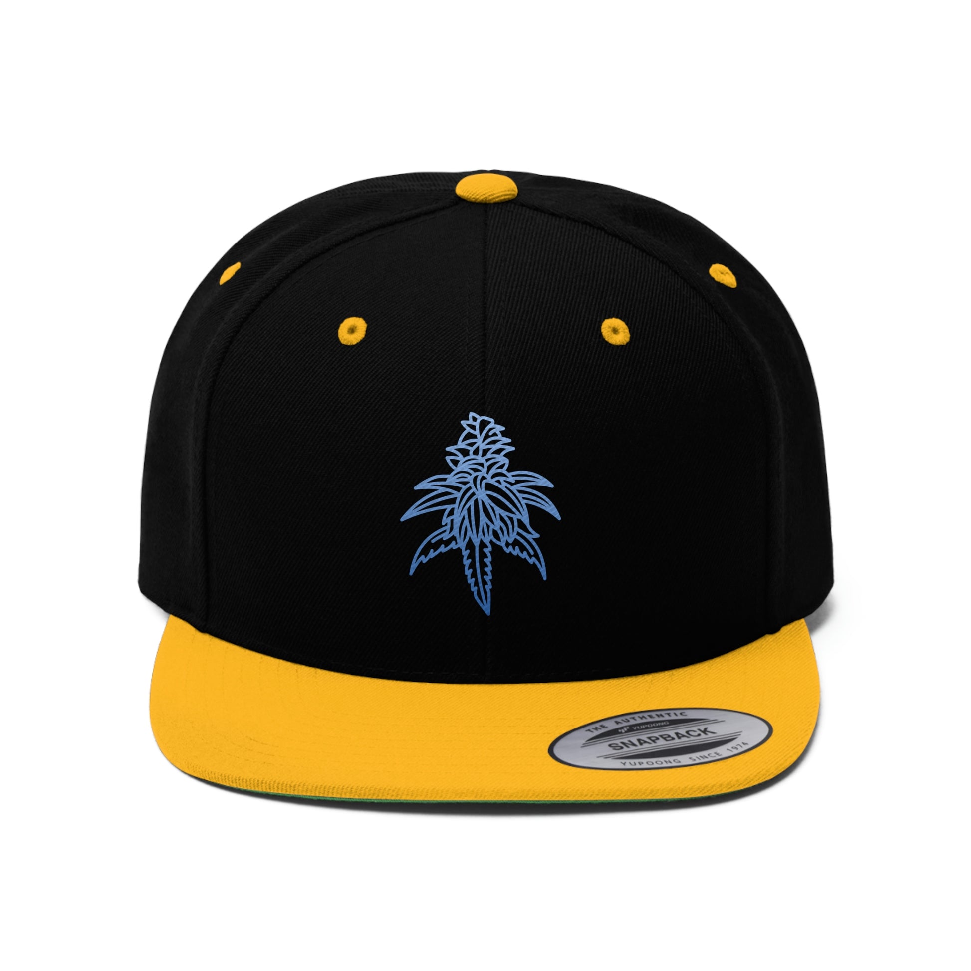 Blue Dream Snapback Hat in the yellow and black color scheme with the picture of blue dream on the front center in blue