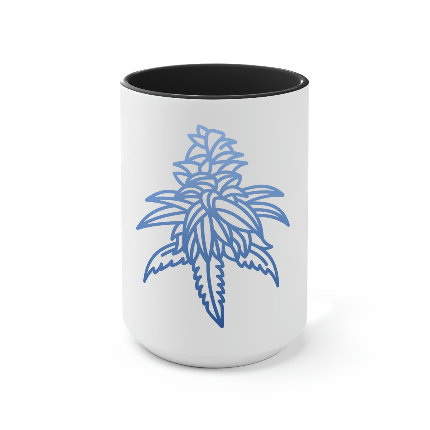 a Blue Dream Cannabis coffee mug with a blue flower on it.