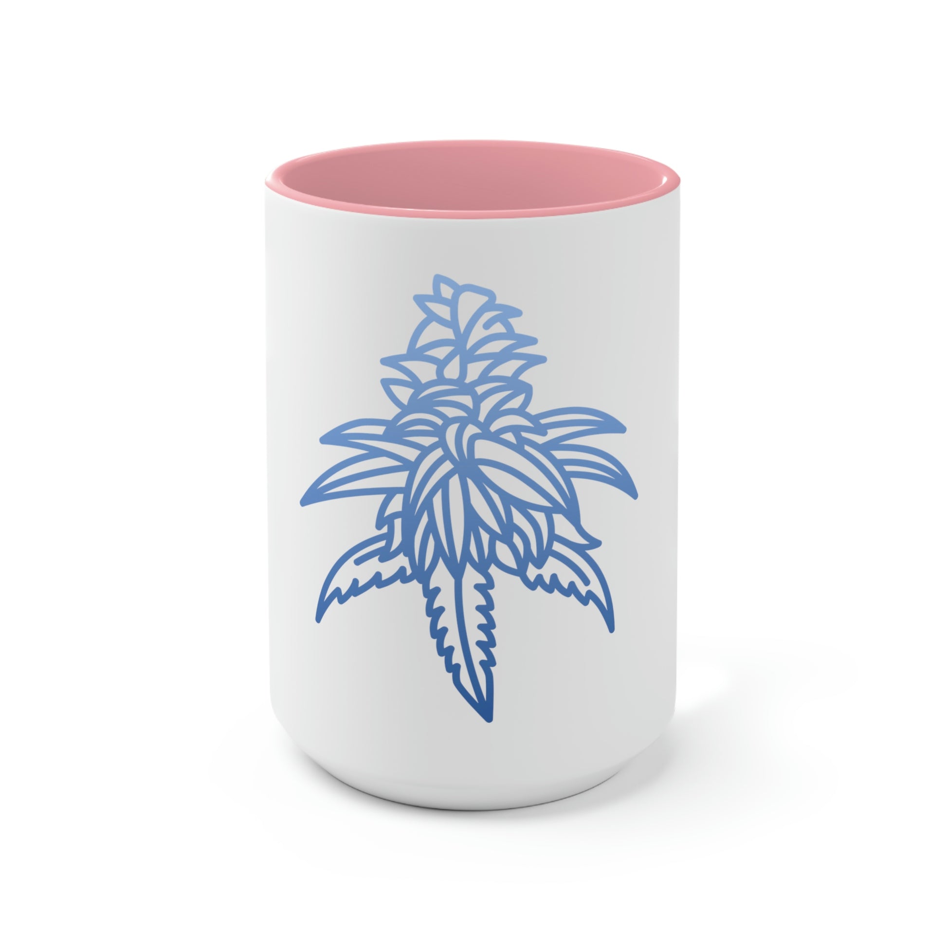 a white and pink Blue Dream Cannabis Coffee Mug with a blue flower on it.