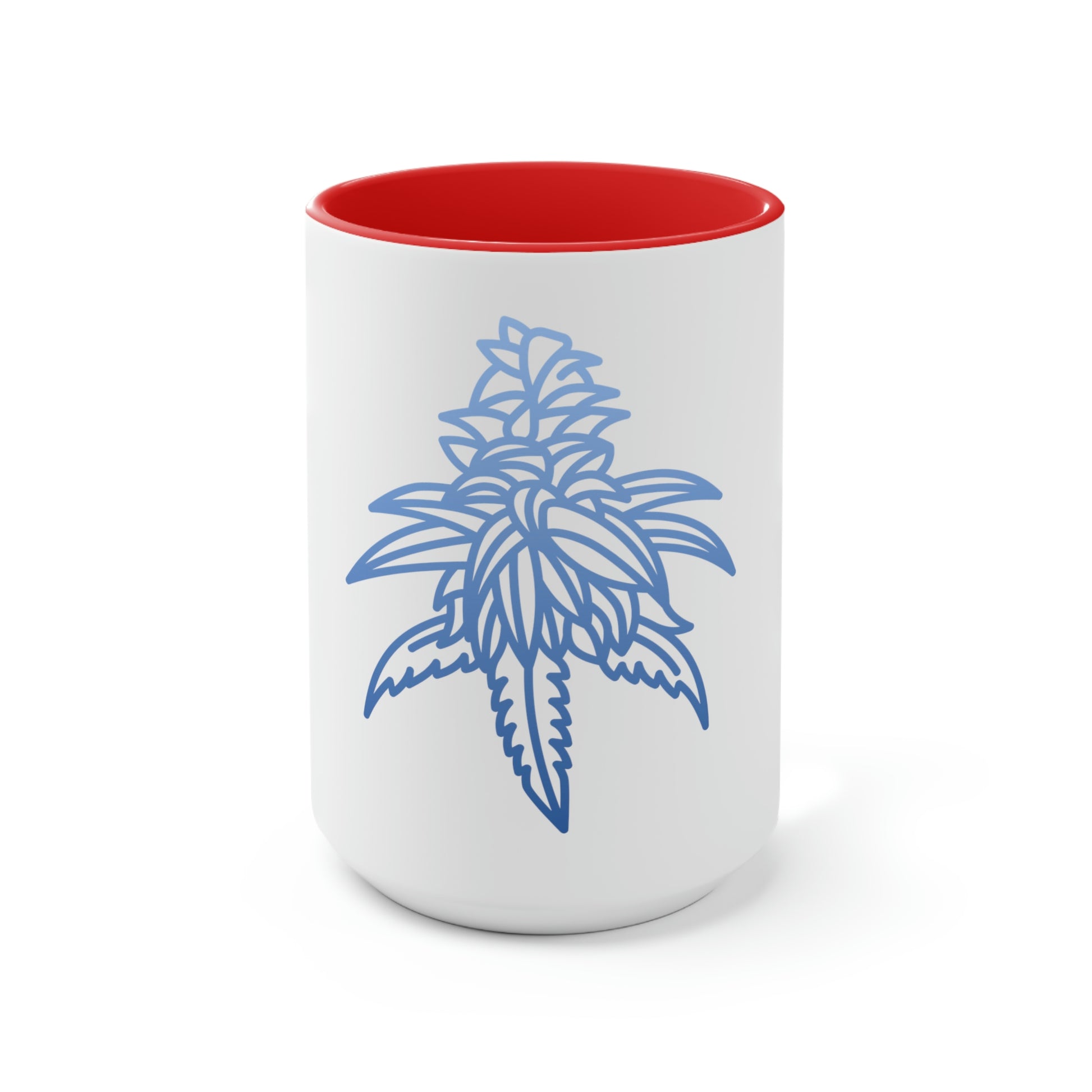 a white and red mug with a Blue Dream Cannabis Coffee Mug flower on it.