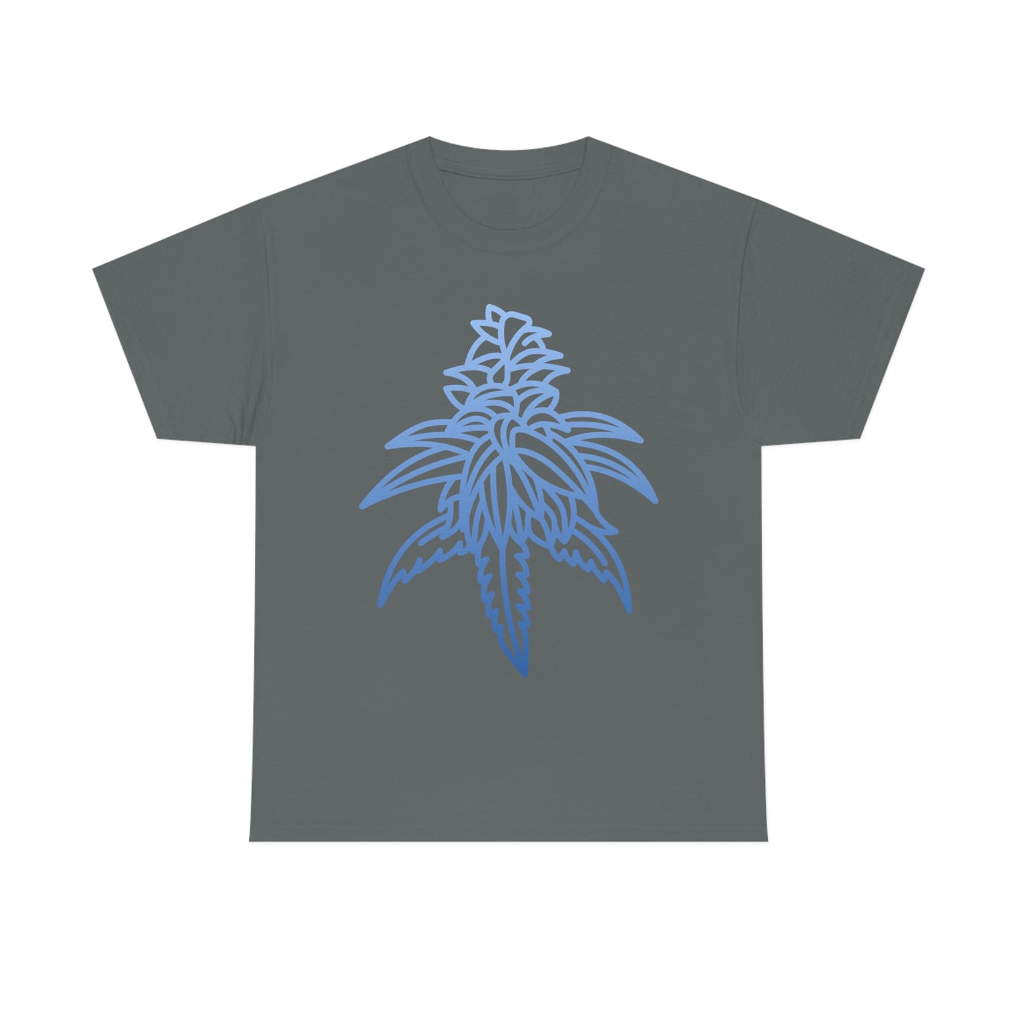 a grey Blue Dream Cannabis tee with a blue cannabis leaf on it.