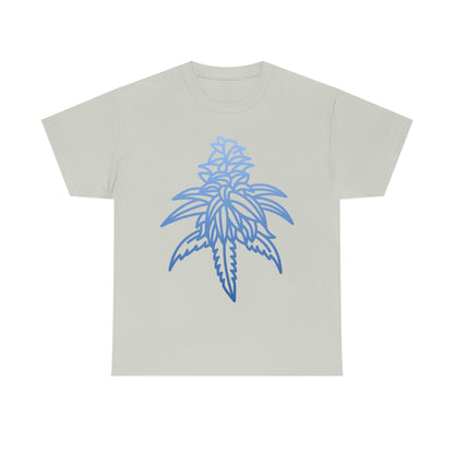 a Blue Dream Cannabis Tee with a blue leaf on it.