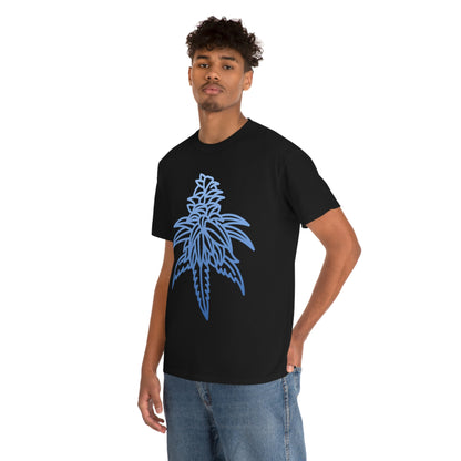 a man wearing a Blue Dream Cannabis Tee with a blue cannabis leaf design.