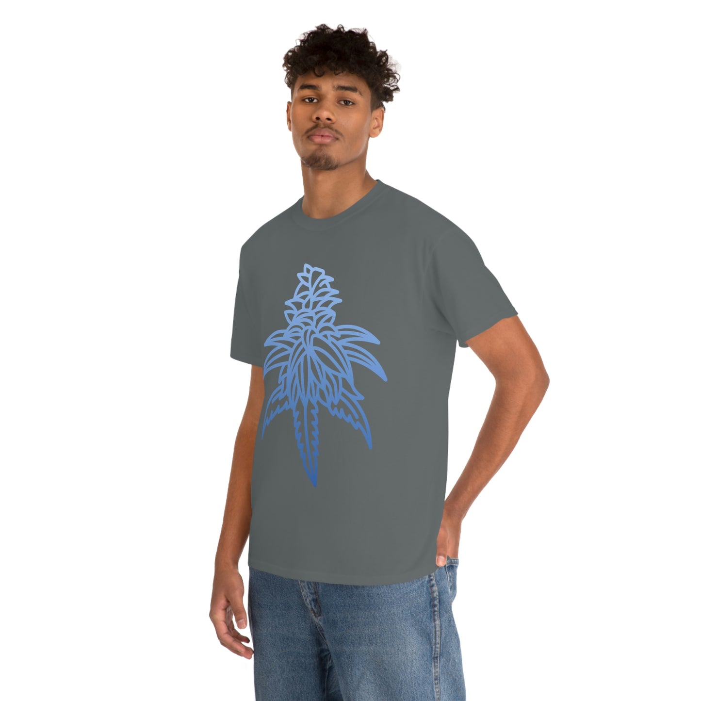 a man wearing a Blue Dream Cannabis Tee with a blue leaf design.