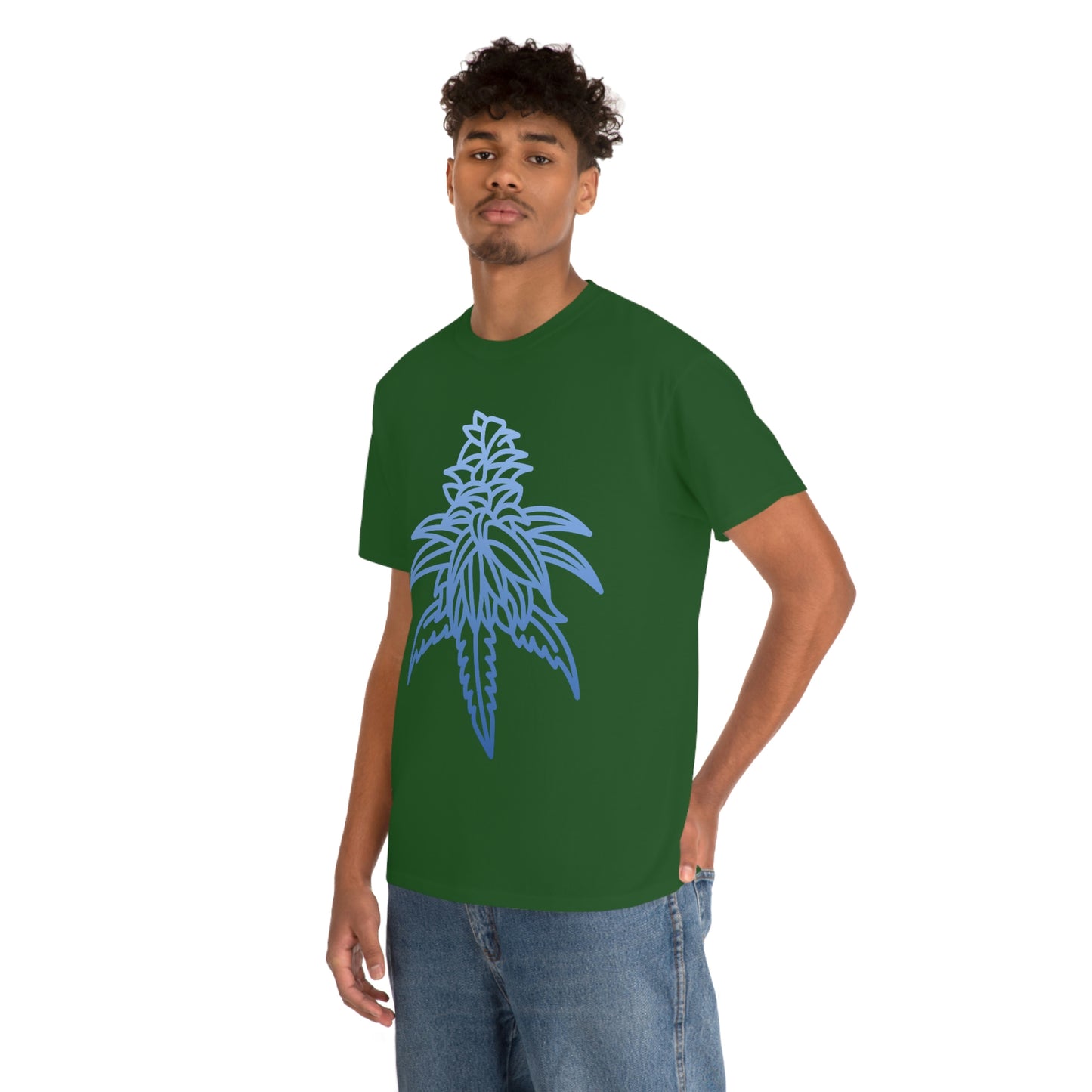 a man wearing a Blue Dream Cannabis Tee with a blue cannabis leaf design.