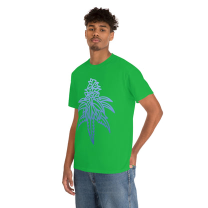 a man wearing a Blue Dream Cannabis Tee with a blue cannabis leaf design.