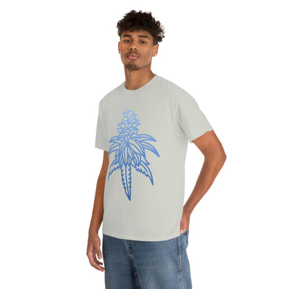 a man wearing a Blue Dream Cannabis Tee with a blue leaf design.