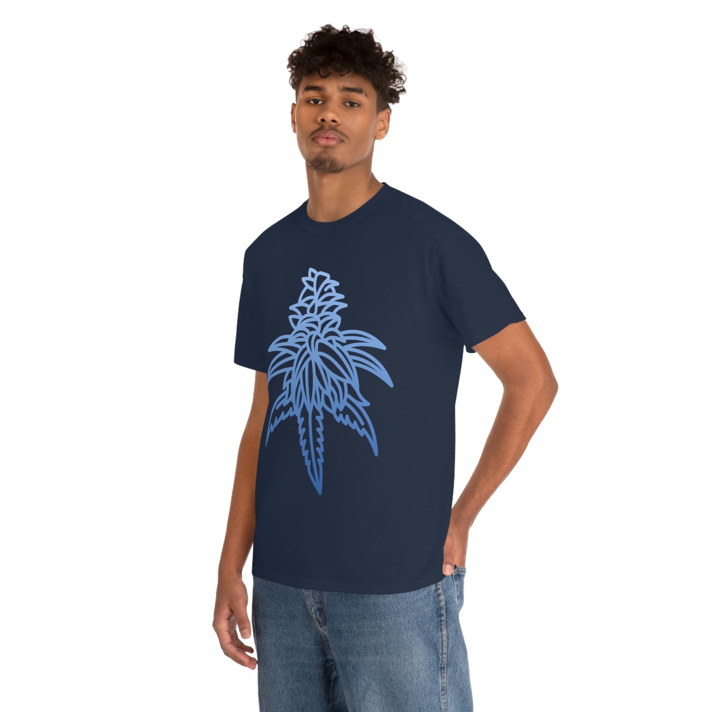 a man wearing a navy Blue Dream Cannabis Tee with a blue cannabis leaf design.