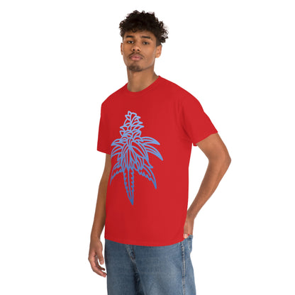 a man wearing a Blue Dream Cannabis Tee with a blue leaf design.