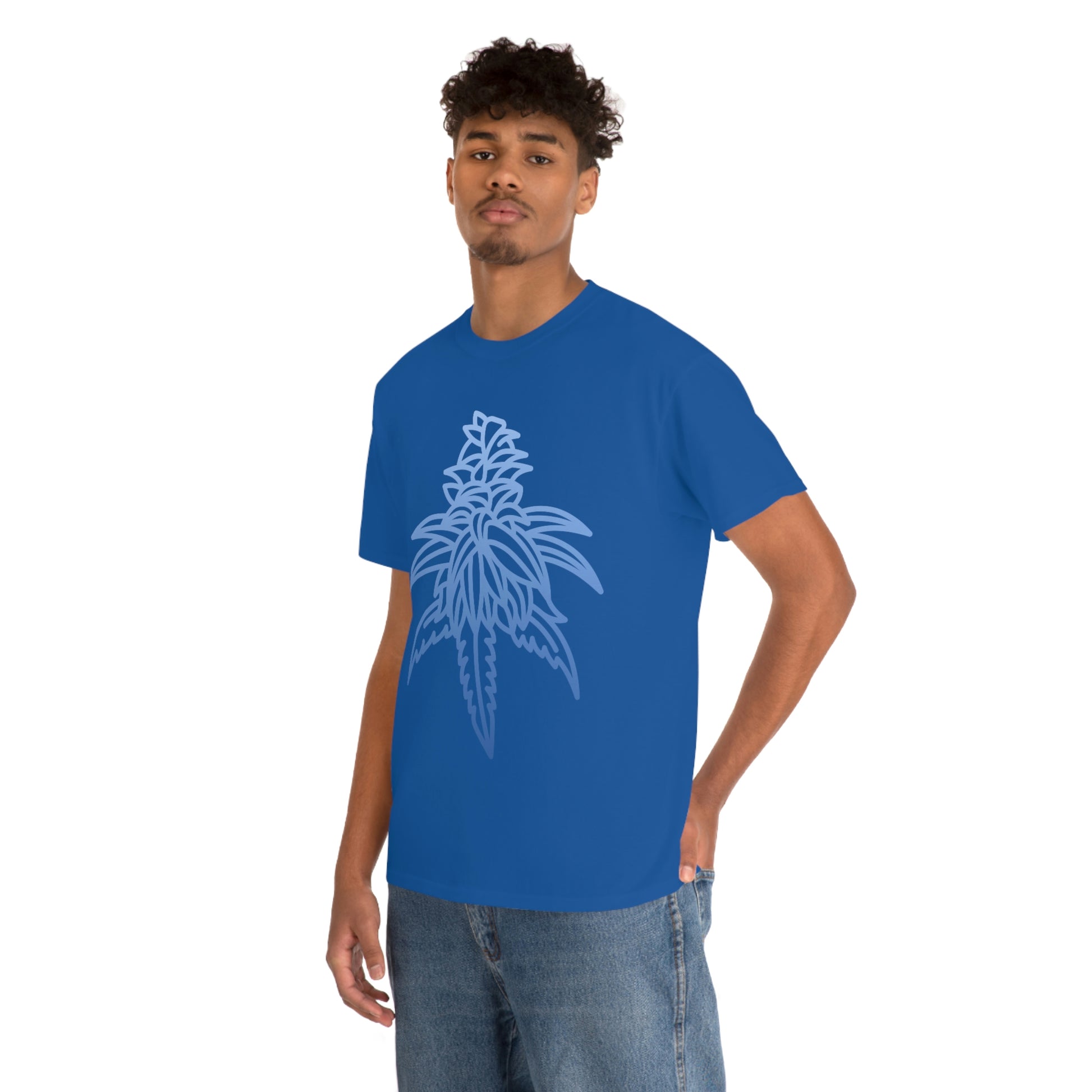 a man wearing a Blue Dream Cannabis Tee with a white cannabis leaf design.