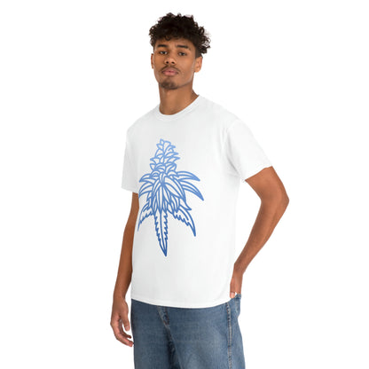 a man wearing a Blue Dream Cannabis Tee with a blue leaf design.