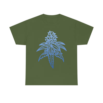 a Blue Dream Cannabis Tee with a blue leaf on it.