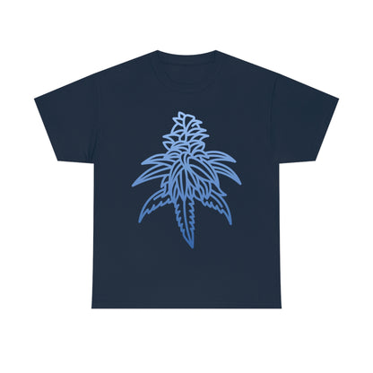 a Blue Dream Cannabis Tee with a blue leaf on it.