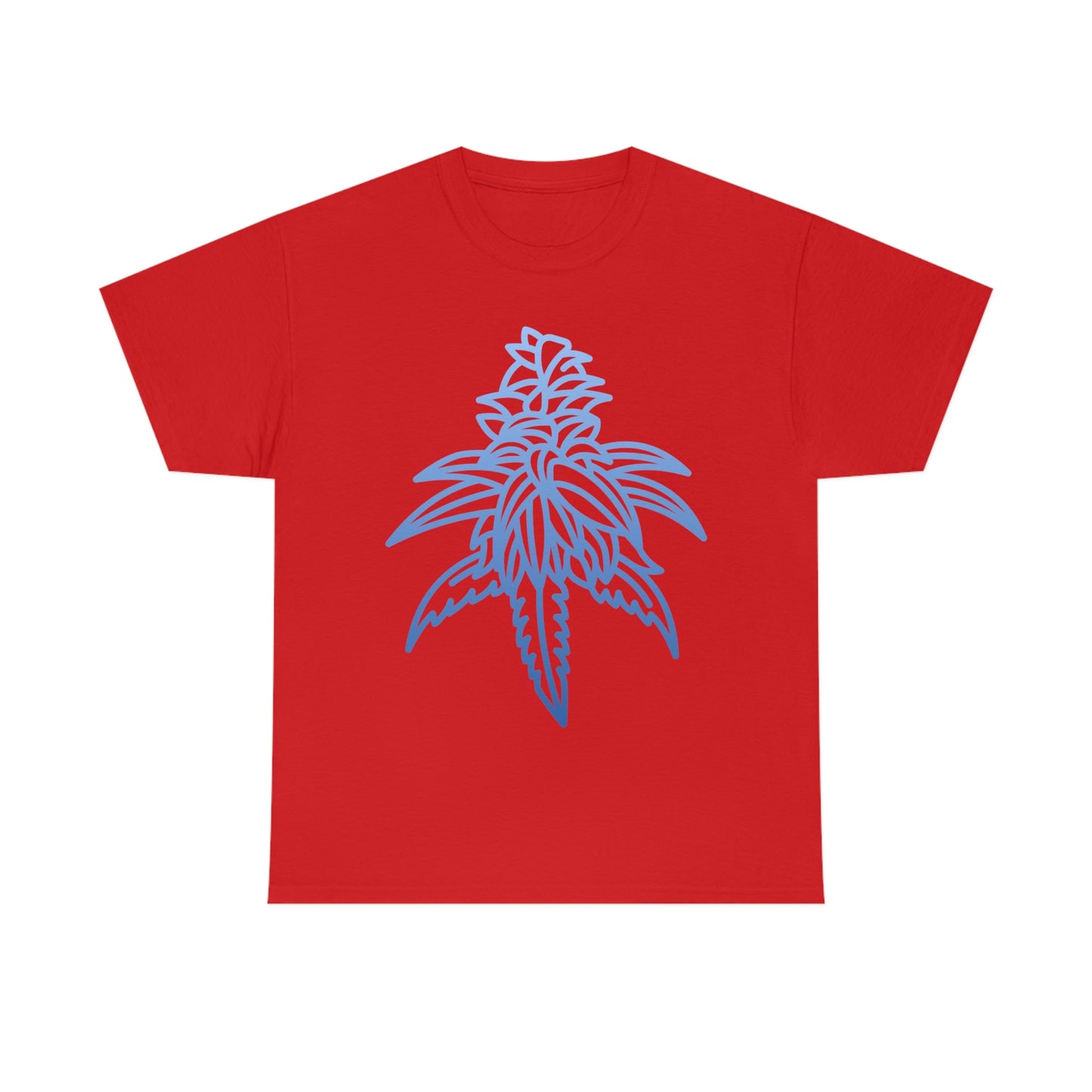 a red Blue Dream Cannabis Tee with a blue cannabis leaf on it.