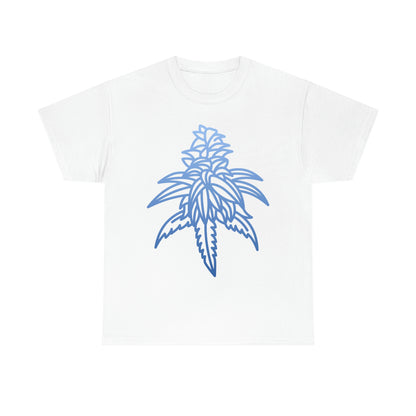 a Blue Dream Cannabis Tee with a blue leaf on it.