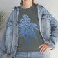 a woman wearing a denim jacket and Blue Dream Cannabis Tee.