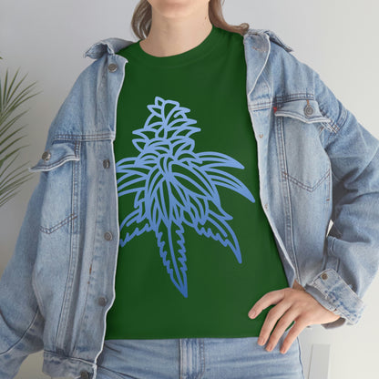 A woman wearing a Blue Dream Cannabis Tee with a blue cannabis leaf on it.