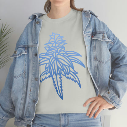 A woman wearing a denim jacket and a Blue Dream Cannabis Tee.