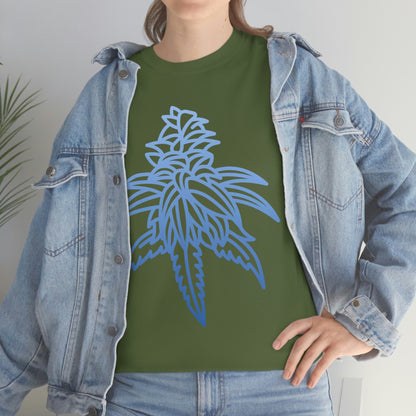 a woman wearing a Blue Dream Cannabis Tee with a blue leaf on it.