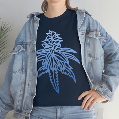 a woman wearing a denim jacket and Blue Dream Cannabis Tee.