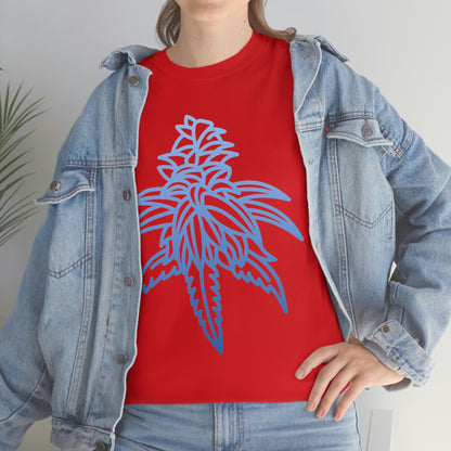 a woman wearing a Blue Dream Cannabis Tee with a blue leaf design.