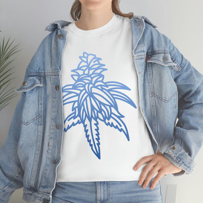 a woman wearing a denim jacket and Blue Dream Cannabis Tee.