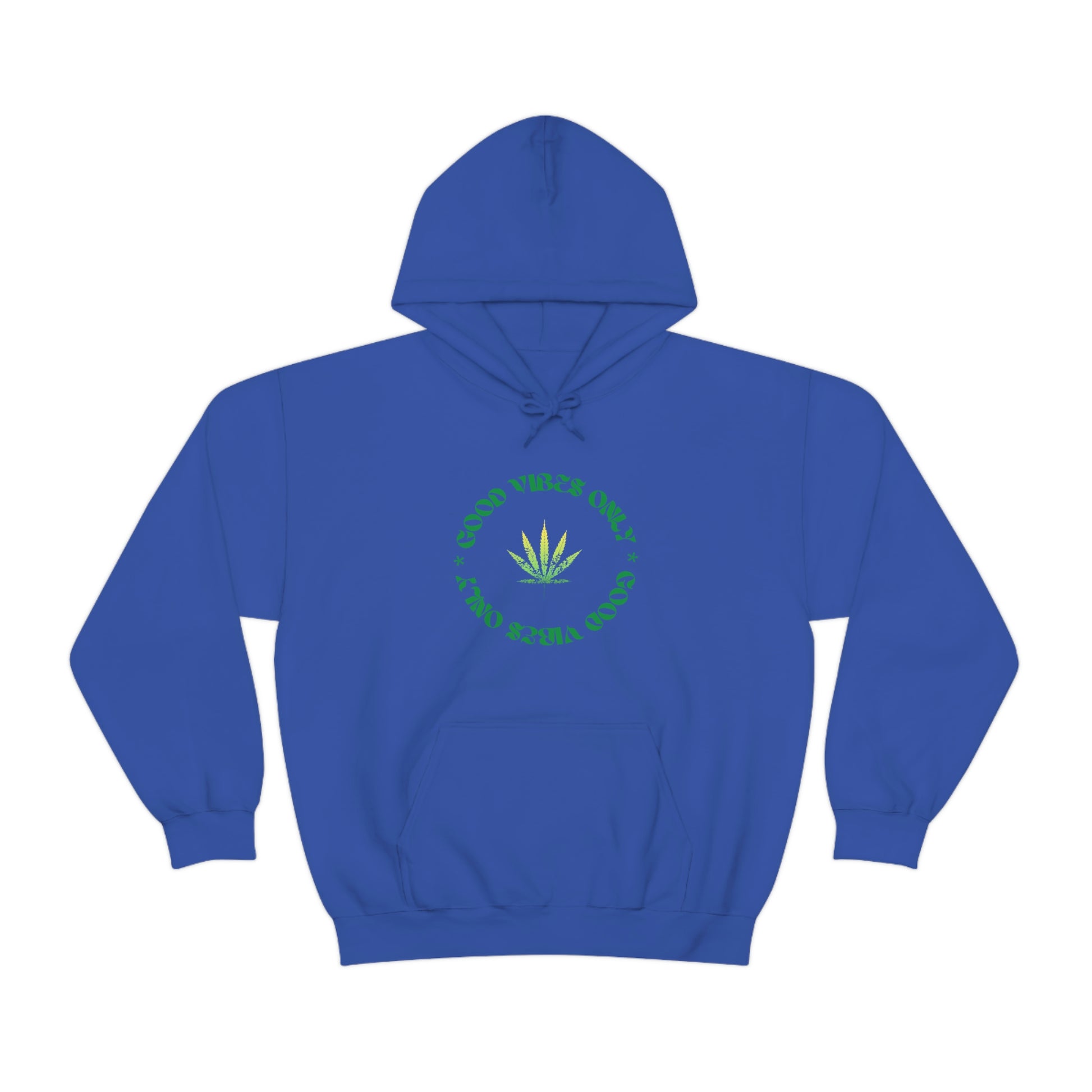 a blue Good Vibes Only Cannabis Sweatshirt with a marijuana leaf on it.