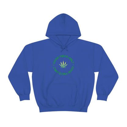 a blue Good Vibes Only Cannabis Sweatshirt with a marijuana leaf on it.