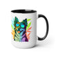 A clear photo showing the black and white Cannabis Border Collie Mug