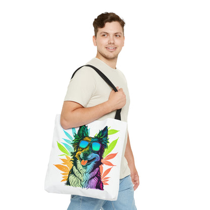 A man looks over his shoulder while walking with the Cool Border Collie With Shades and Weed Tote Bag