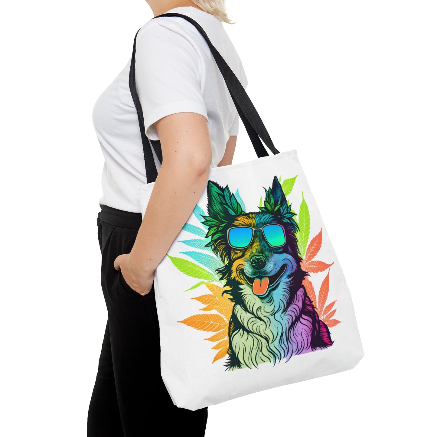 A woman in a white shirt with blonde hair is using the Cool Border Collie With Shades and Weed Tote Bag carrying it on her shoulder