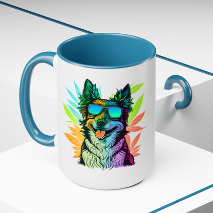 a Cannabis Border Collie Mug with an image of a dog wearing sunglasses.