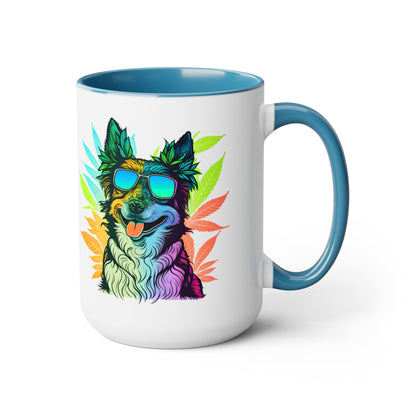 a Cannabis Border Collie Mug with an image of a dog wearing sunglasses.